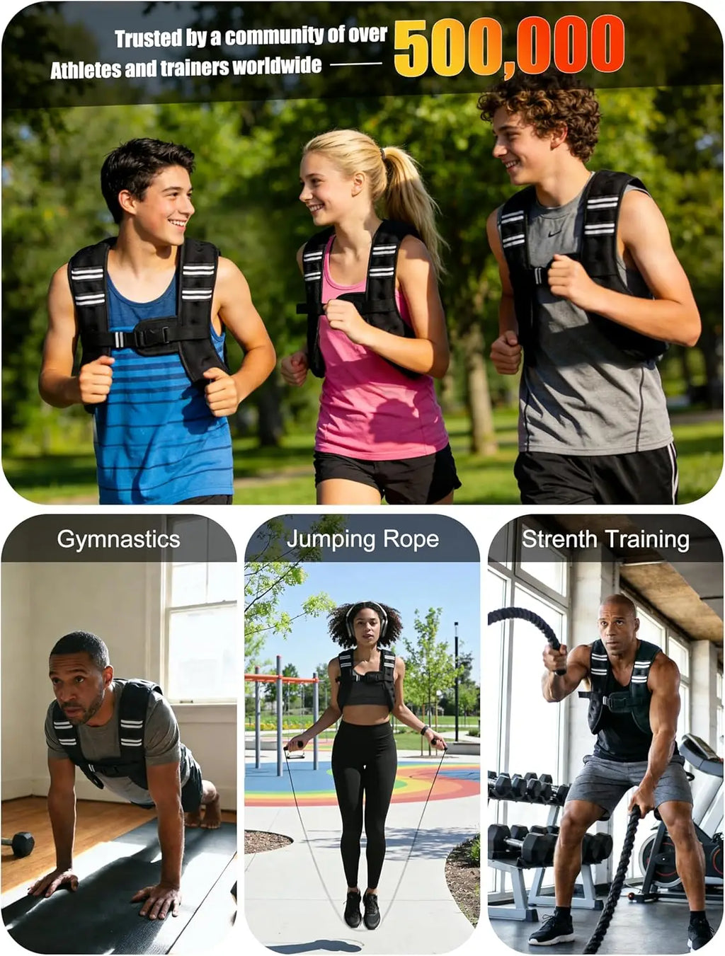 People exercising in various ways wearing black weighted vests with reflective details