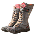 TMA EYES Women's Retro Lace-Up Leather Mid-Calf Snow Boots – Black