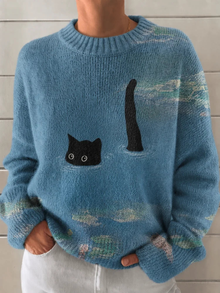 Women's Loose Knit Crew Neck Sweater with Cat Ocean Painting Print – Sky Blue