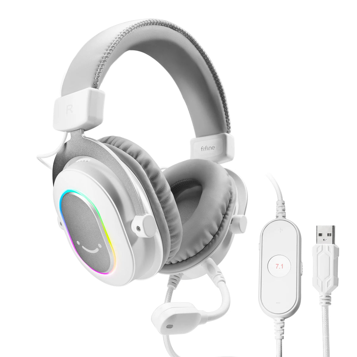 Fifine H6 Wired Dynamic RGB Gaming Headset with Detachable Mic – White