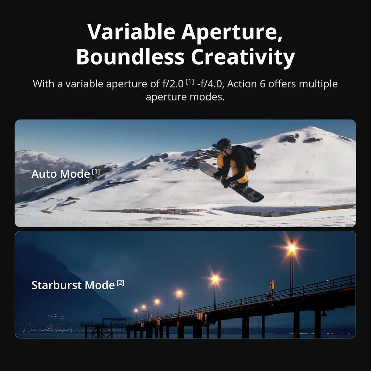 Action camera showing auto and starburst aperture modes on snow and bridge
