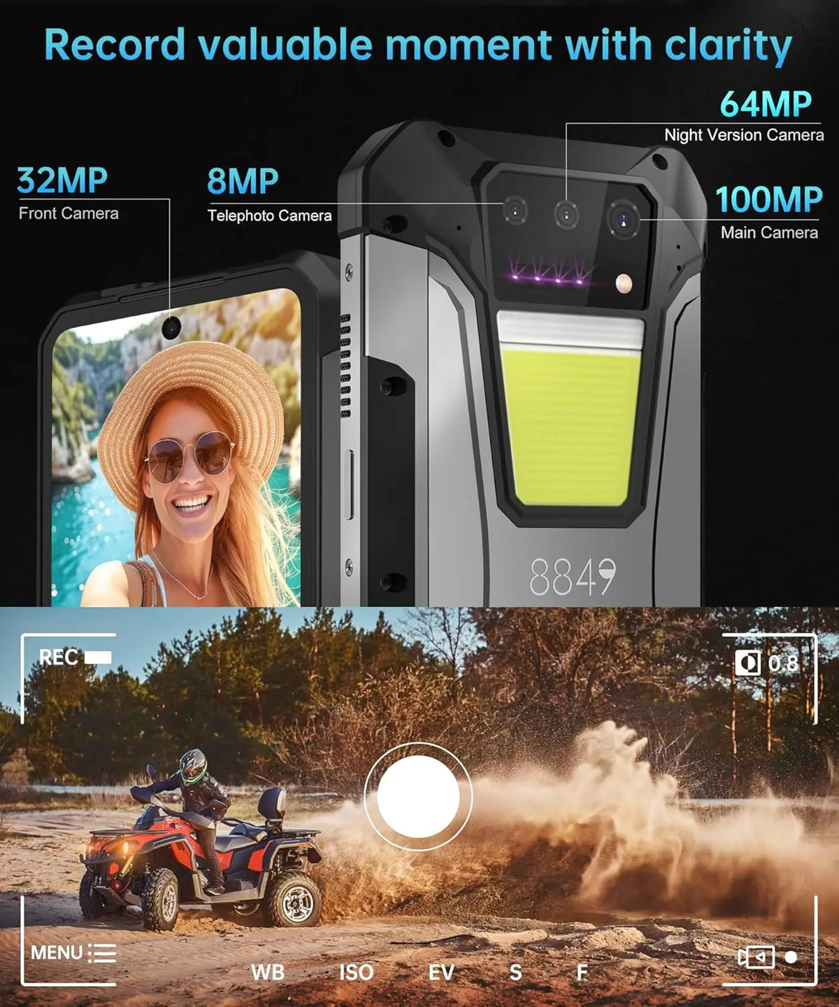 Rugged smartphone camera module close up and its use for night photography while riding an ATV