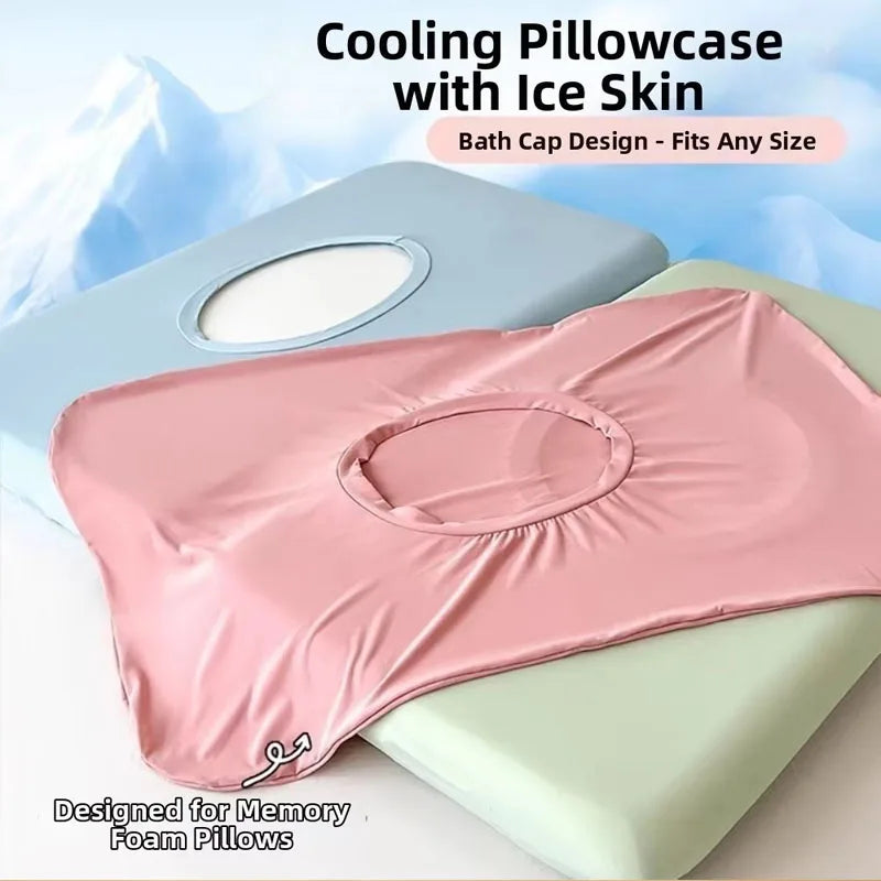 A pink and light blue cooling pillowcase designed for memory foam pillows