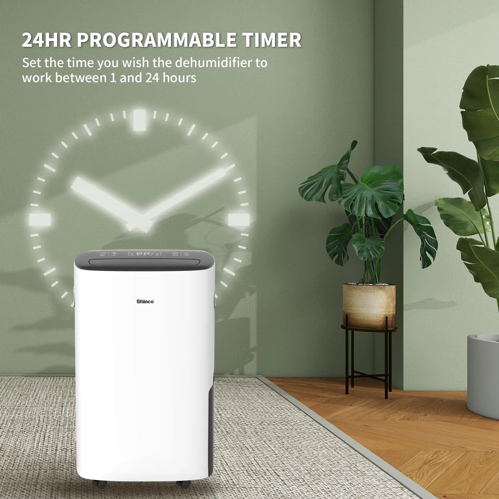 Home dehumidifier in a room with a projected clock graphic and timer text overlay