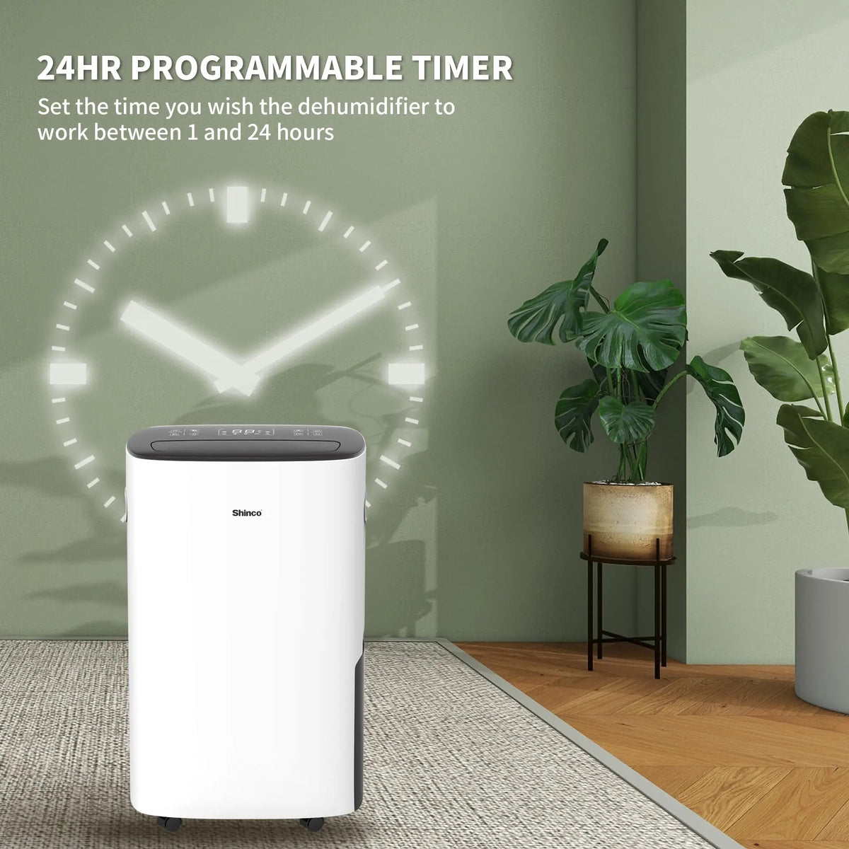 Home dehumidifier in a room with a projected clock graphic and timer text overlay