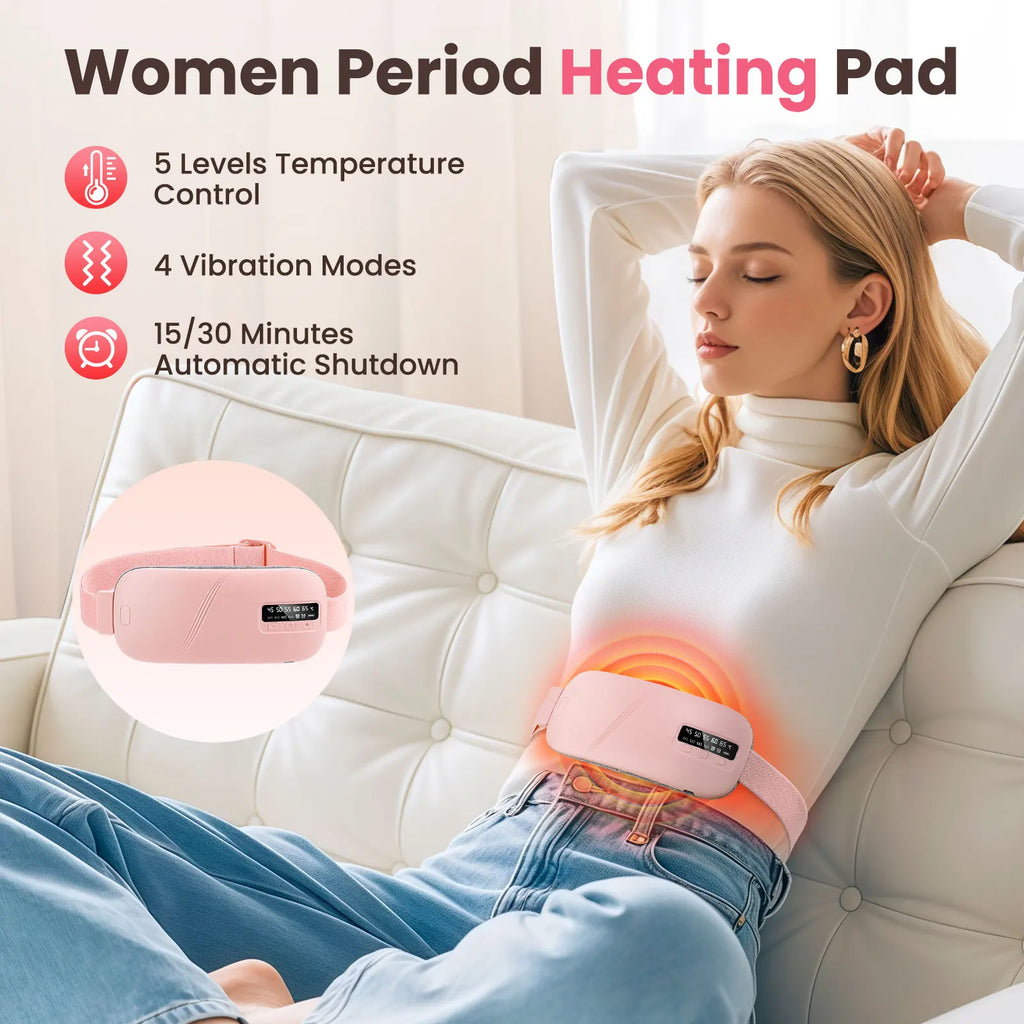 Pink electric heating belt for menstrual pain relief worn by a woman on a sofa