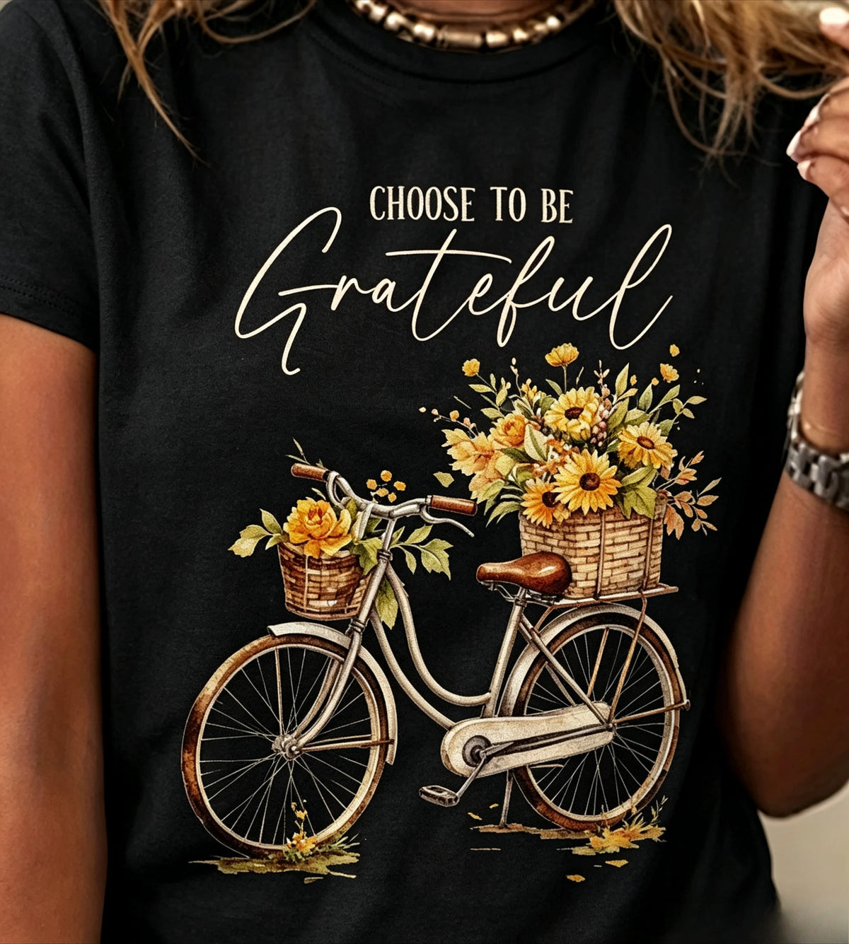 Women's Vintage Crew Neck Graphic T-Shirt with Bicycle Print – Black