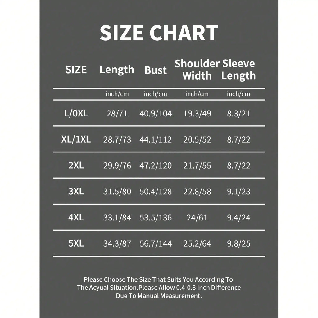 Size chart showing garment measurements for various sizes.