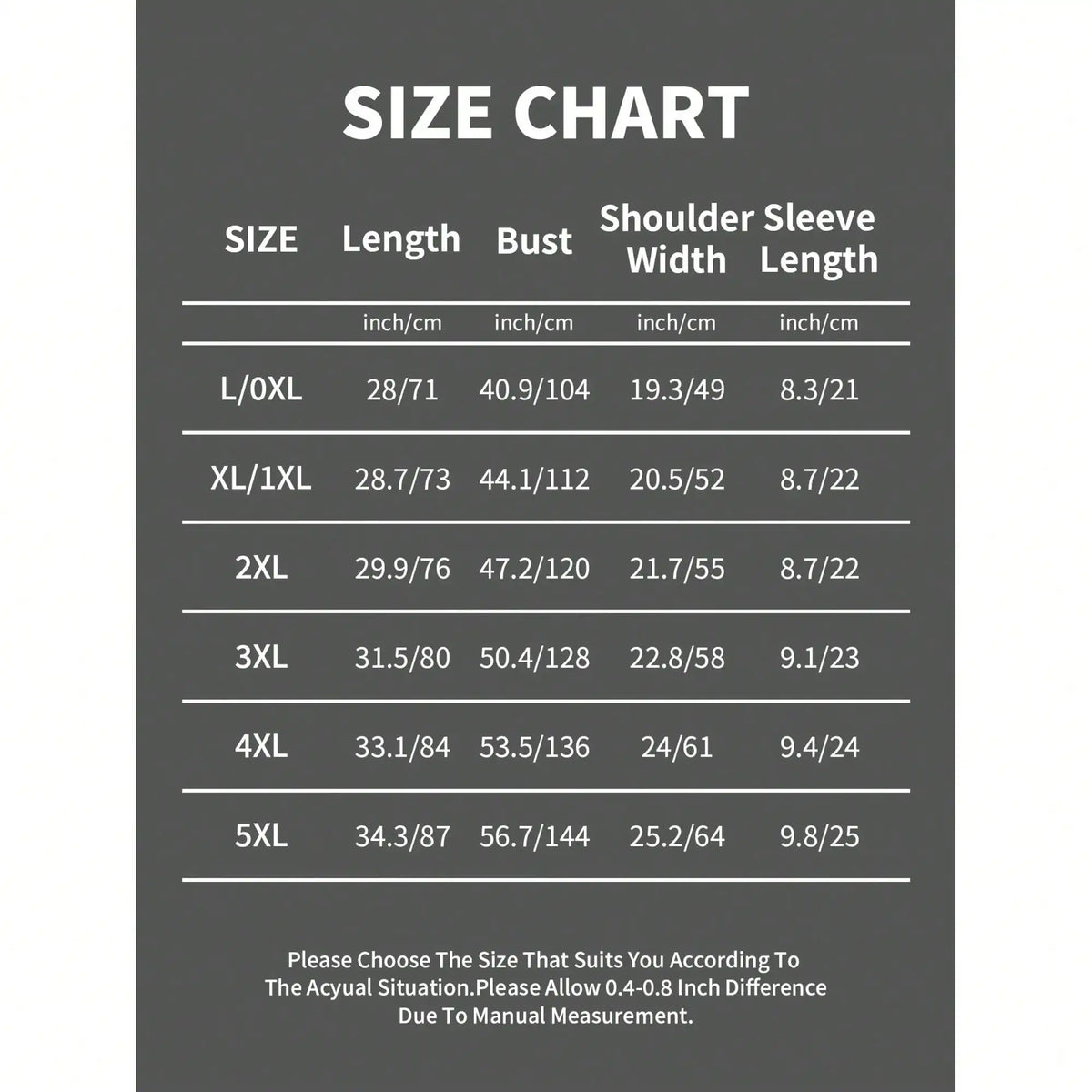 Size chart showing garment measurements for various sizes.