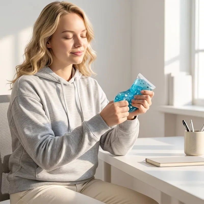 A woman holding a blue squishy gel-filled toy shaped like a toothpaste tube while sitting at a desk.