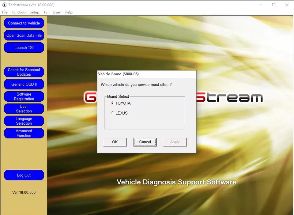 Vehicle brand selection menu for diagnostic software.