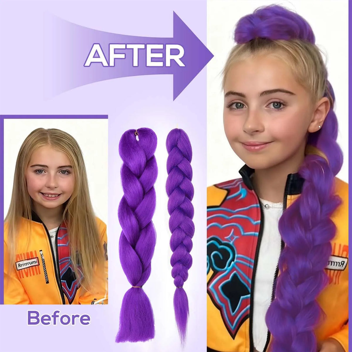Before and after comparison of a blonde girl with a long purple braided ponytail extension
