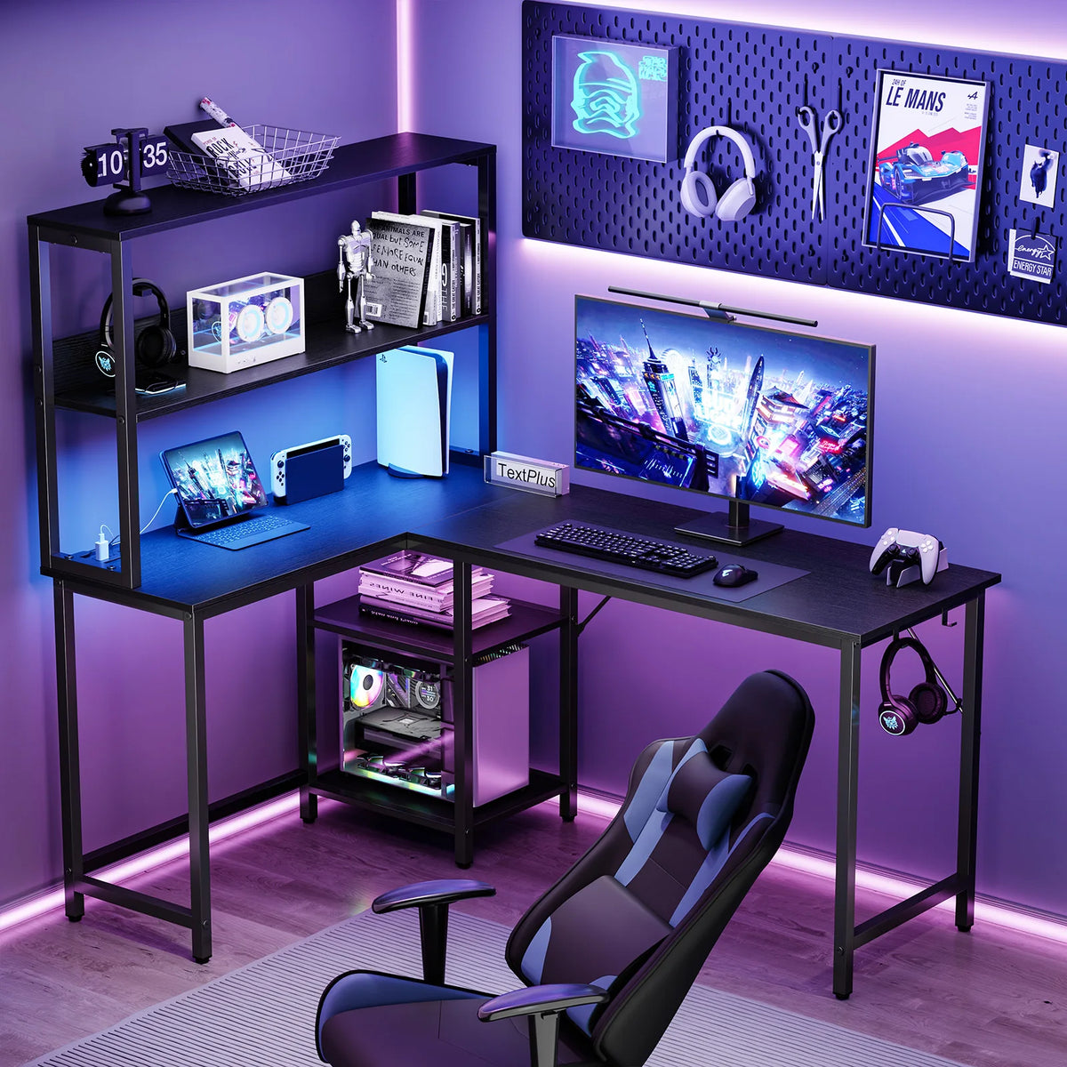 JHK 53 Inch L Shaped Gaming Desk with LED Light Reversible Computer Desk with Adjustable Shelf USB Power Outlet Corner Desk