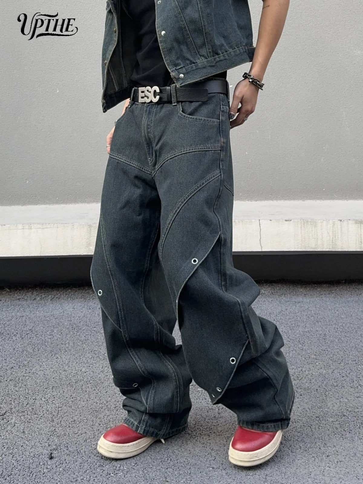 Dark grey baggy wide leg denim jeans with side eyelet detailing