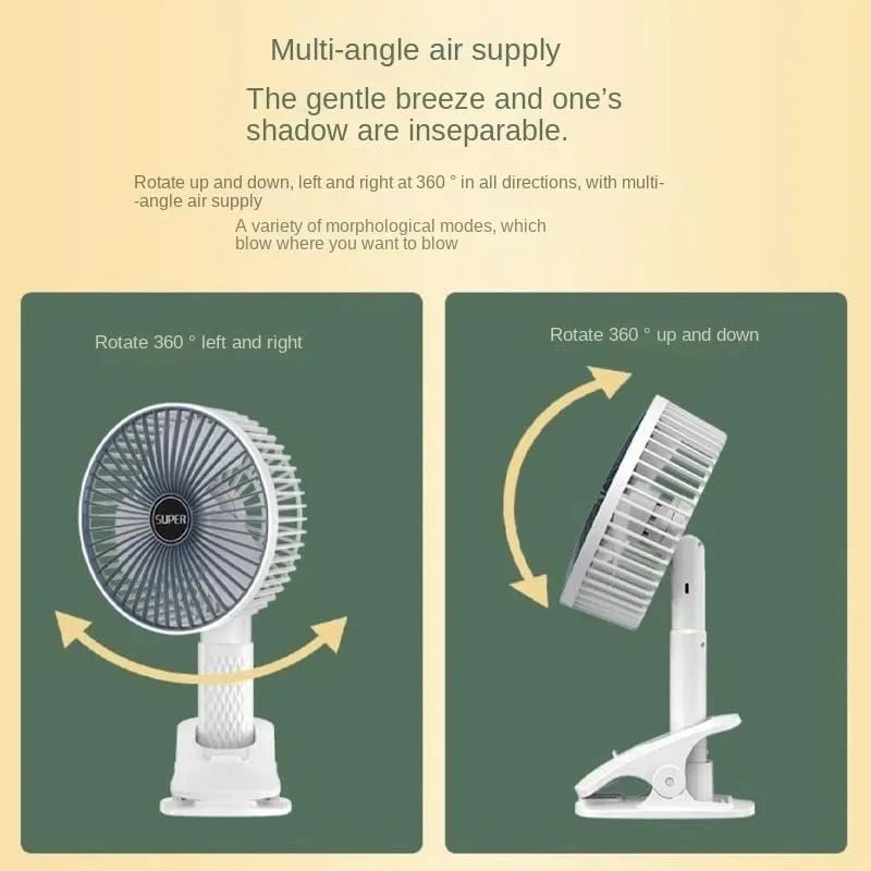 Diagram showing 360-degree rotation angles of a small portable clamp-on desk fan