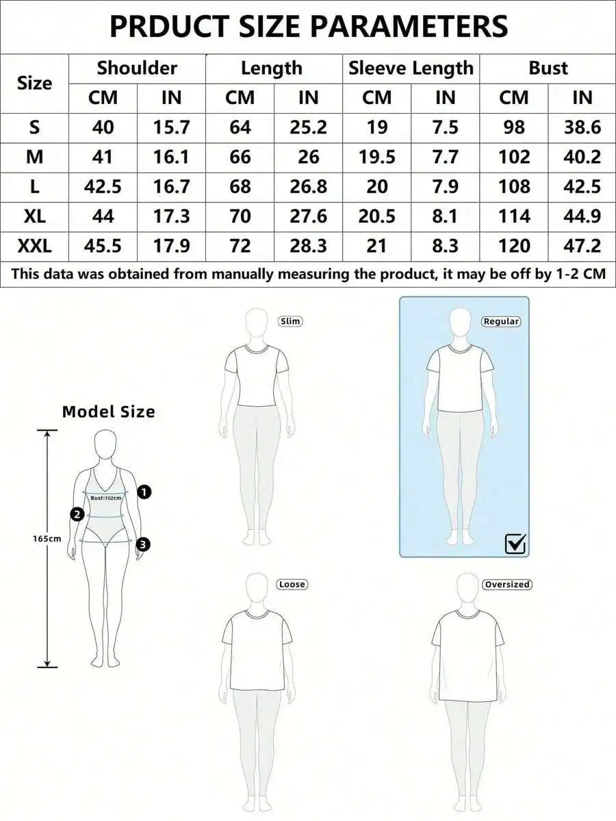 A detailed size chart for the t-shirt showing measurements in centimeters and inches for various sizes.