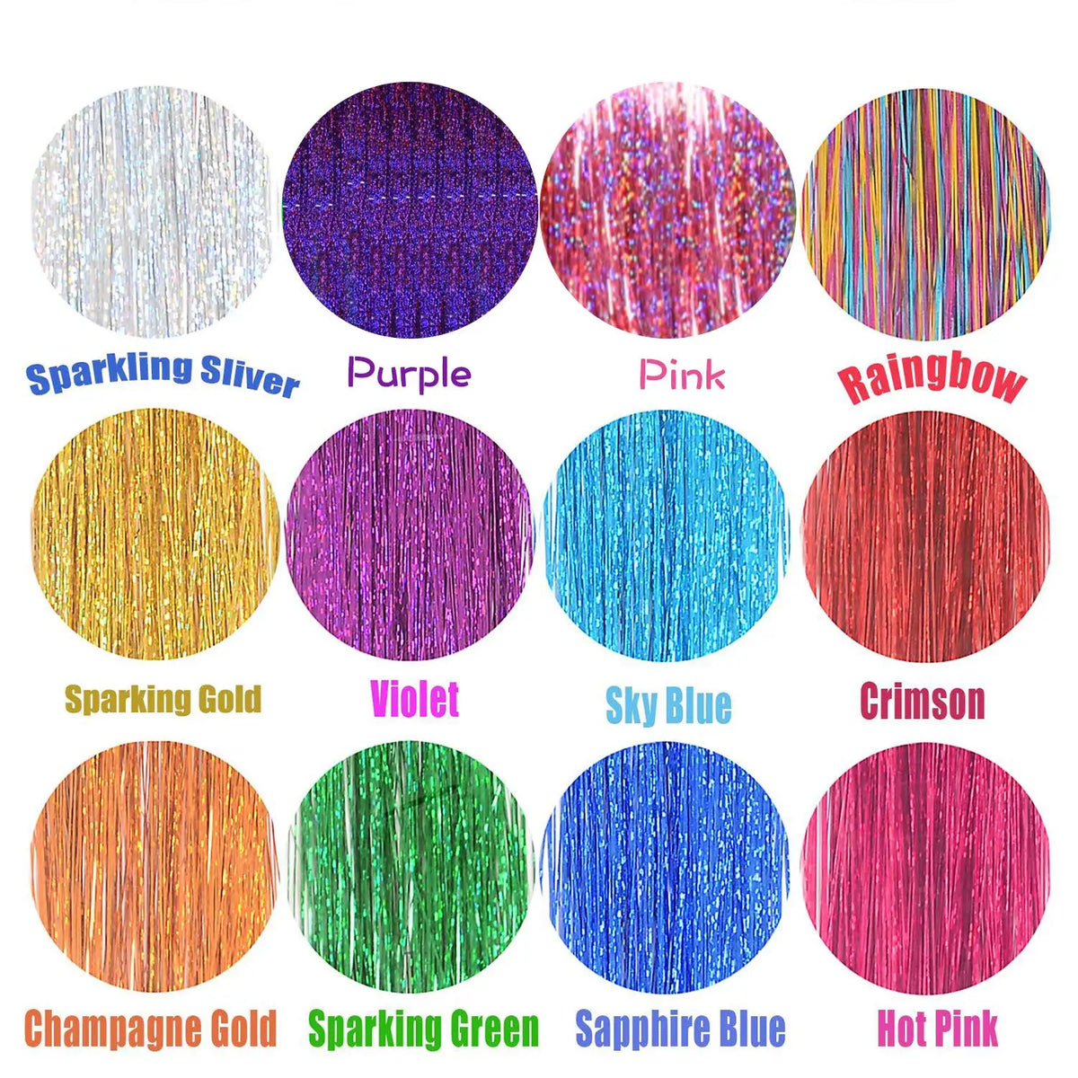 Chart showing twelve different colors of sparkly hair tinsel in circular swatches