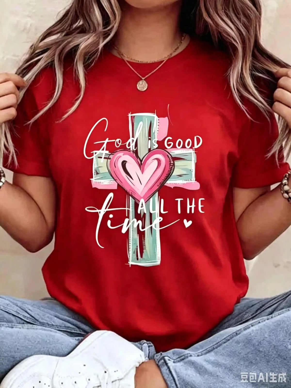 Women's Christian Faith Graphic Crewneck Cotton Tee, S–7XL – Red