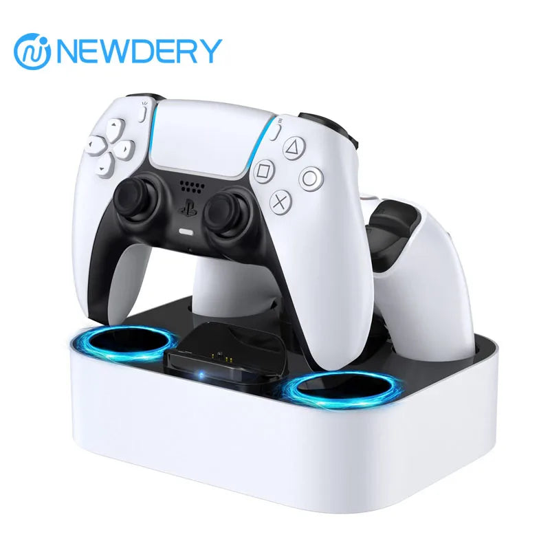 PS5 dual controller charging station stand in white or black finish with controllers docked – WHITE