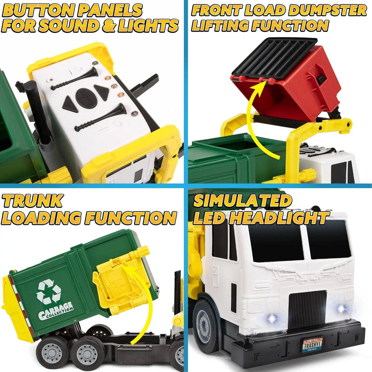 Close up views of toy garbage truck features including sound buttons, led headlights and mechanical lifting arms