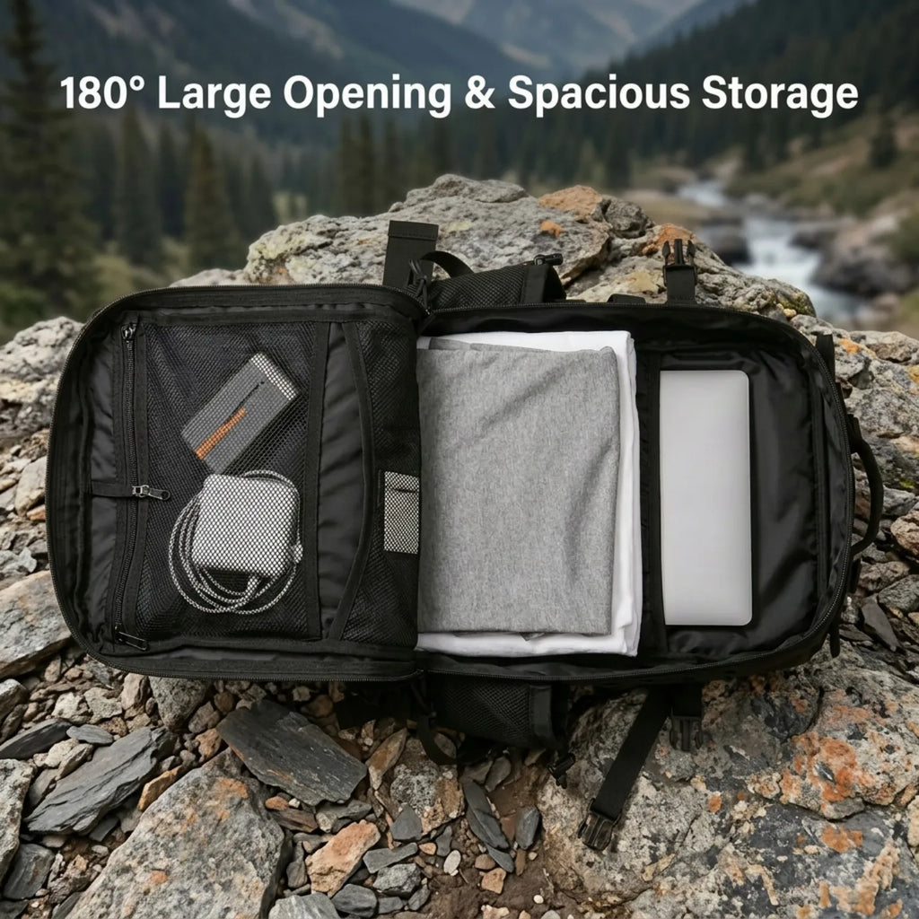 Black tactical backpack opened 180 degrees showing internal mesh compartments for organizing travel items and a laptop