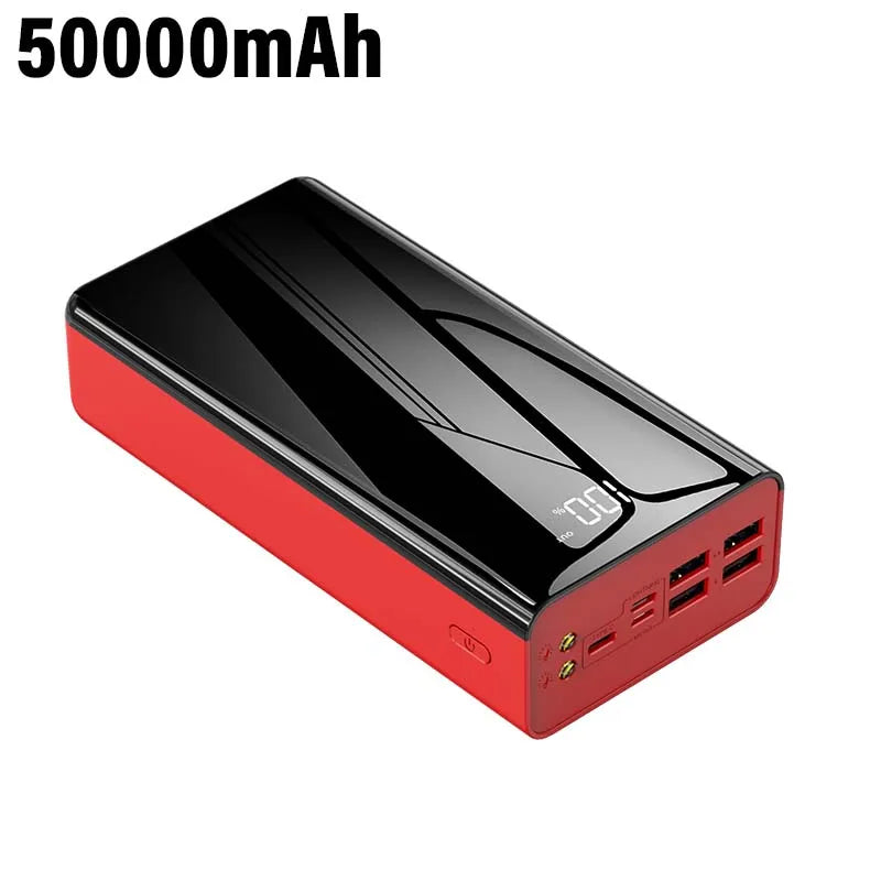 Portable power bank with a red frame and black glossy surface displaying battery percentage