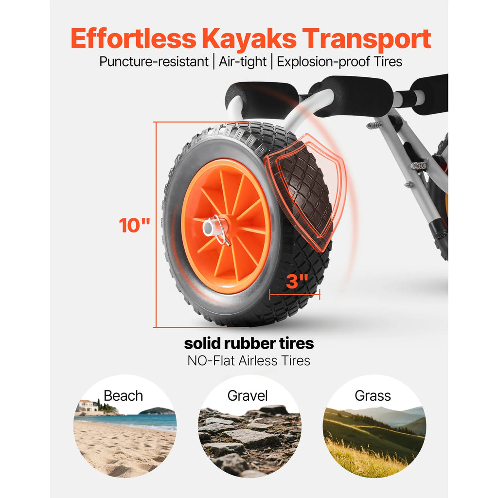 Close up of 10 inch solid rubber kayak cart wheels with text showing dimensions