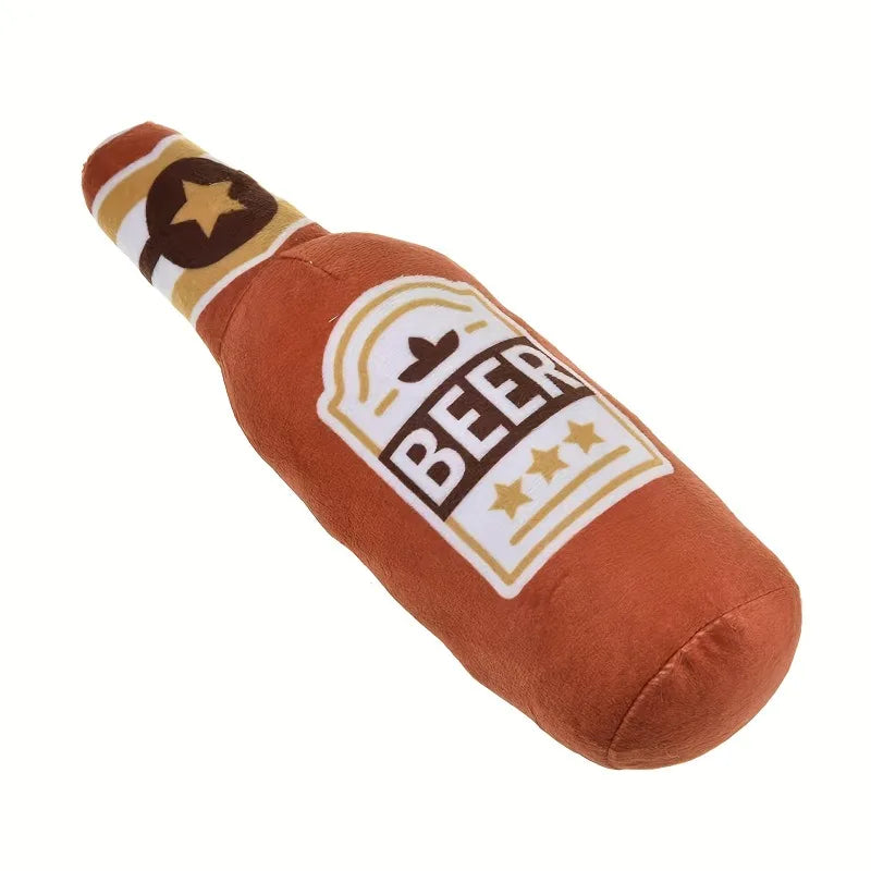 Realistic Beer Bottle Squeaking Dog Toy, Soft Fleece, Interactive Play – Orange
