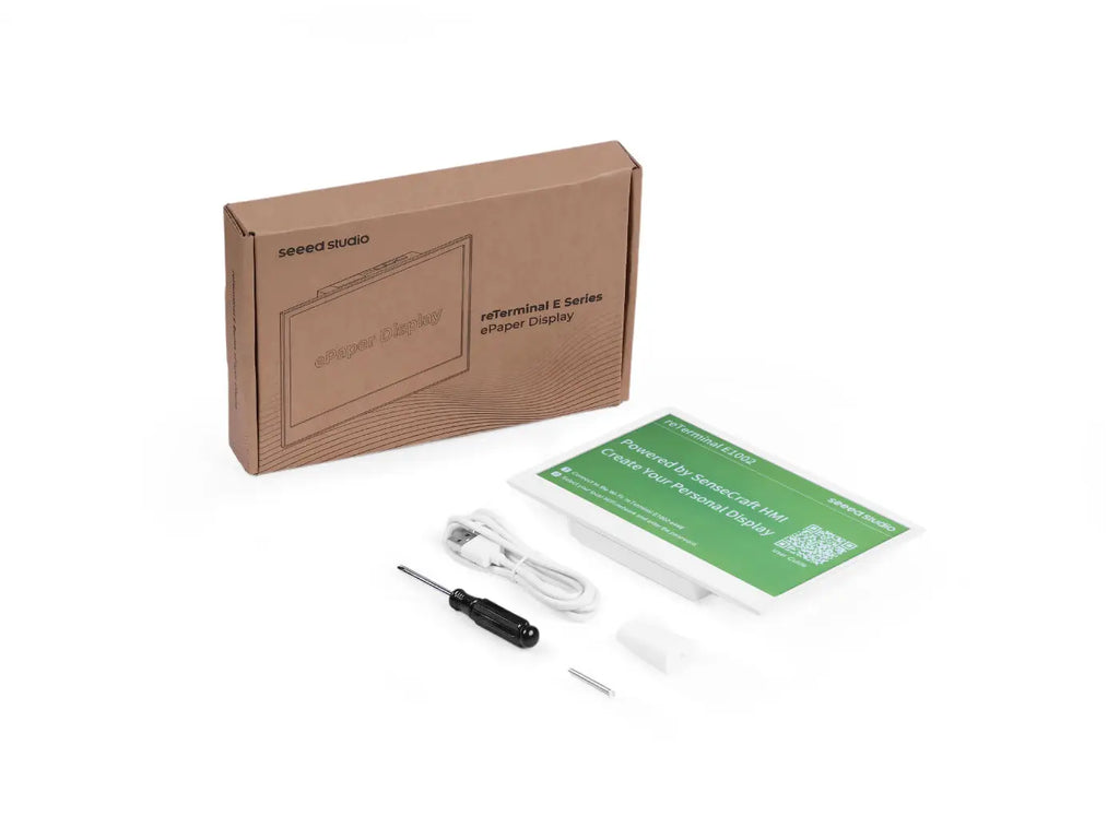 E-paper display device with its packaging, screwdriver, and USB cable