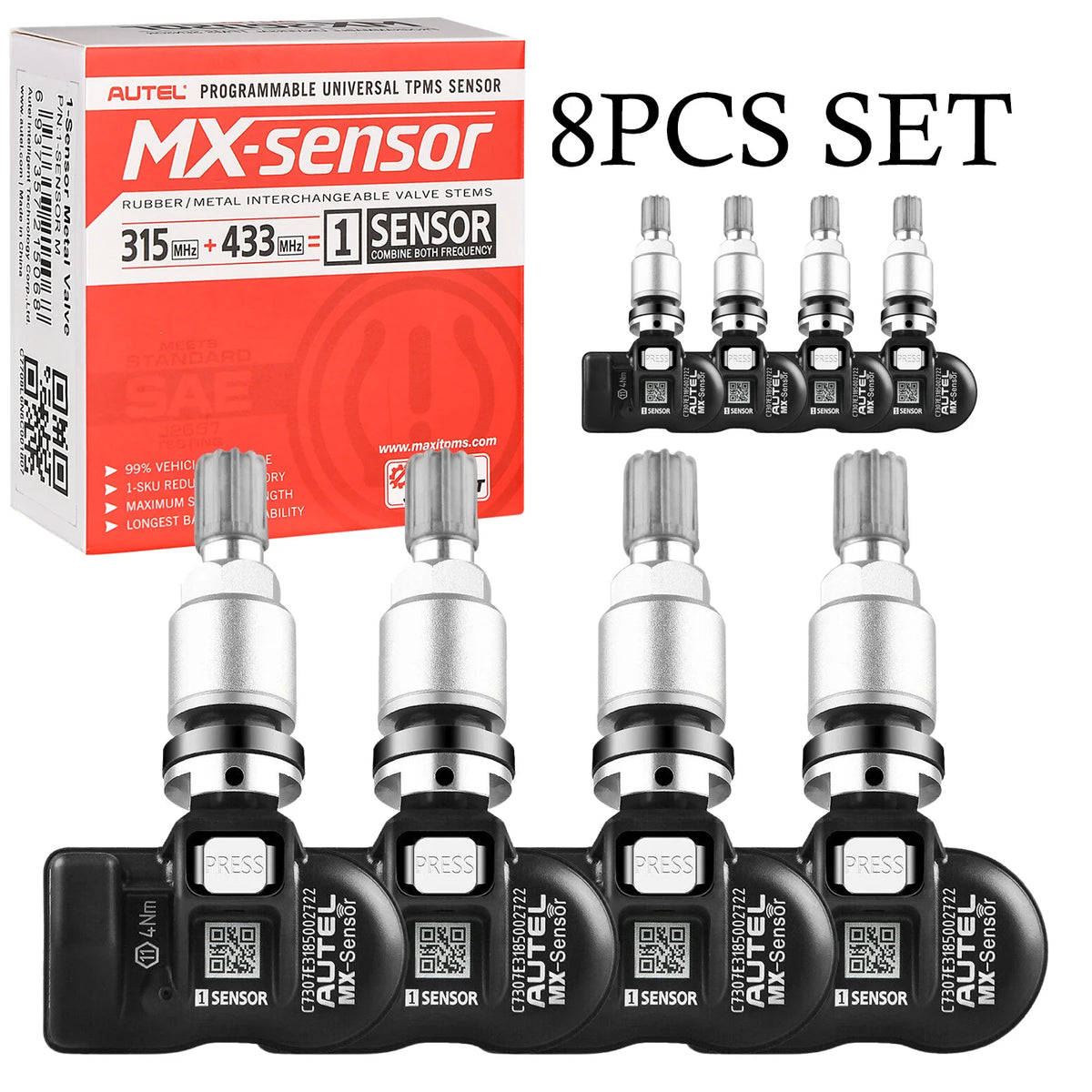 Autel 2-in-1 MX-Sensor 315MHz/433MHz Programmable TPMS Sensor – 8pcs Metal Valve