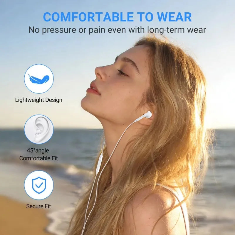 Woman wearing white wired USB-C earphones for a comfortable fit