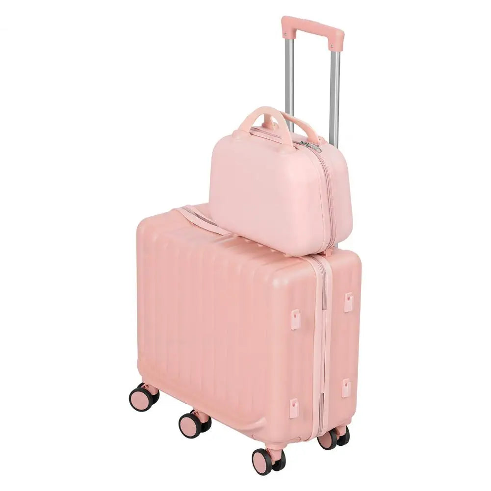 A pink ride-on kids luggage suitcase with a matching small cosmetic or carry-on bag.