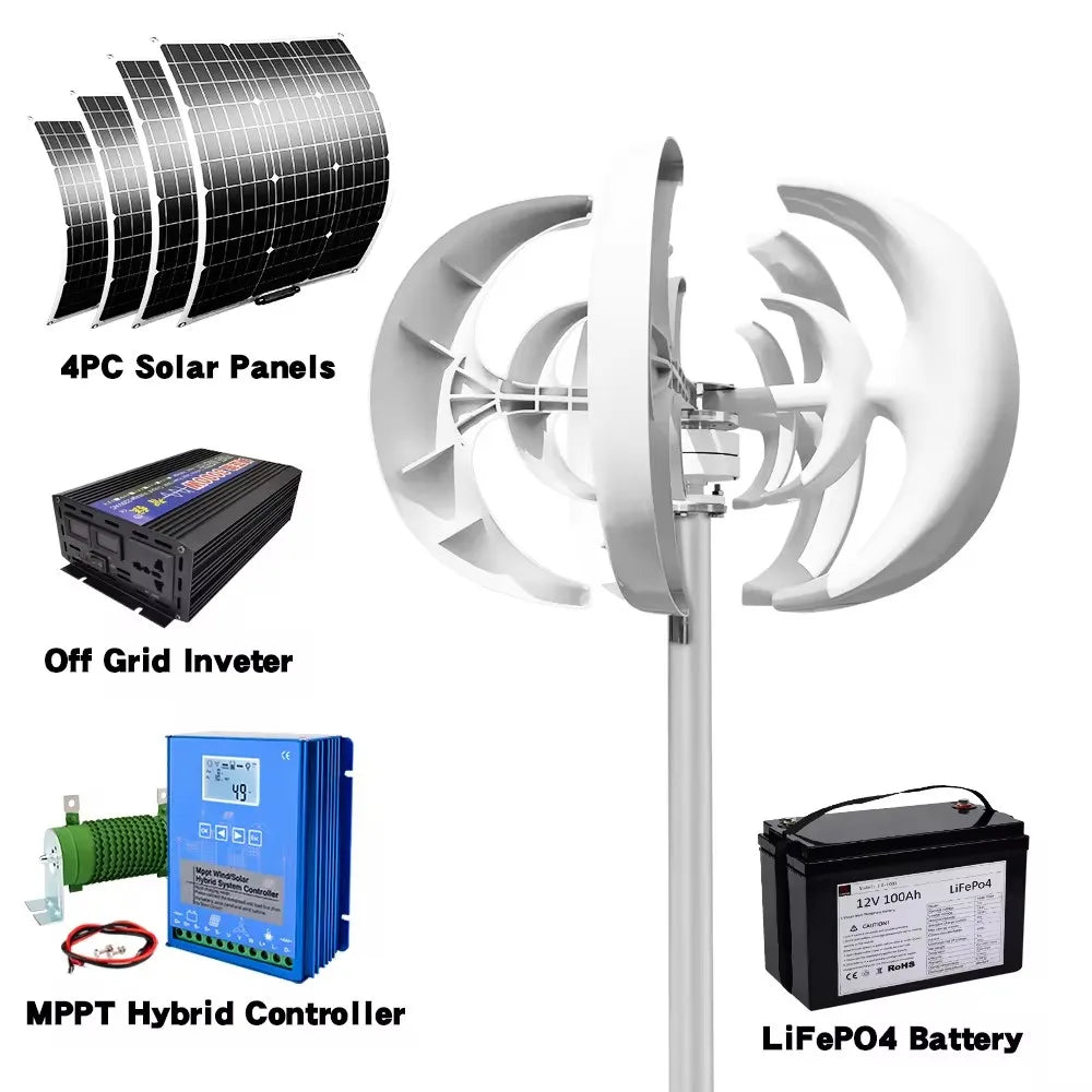 5000W 48V Vertical Axis Wind Turbine Generator with 3-Blade Design – With Battery System