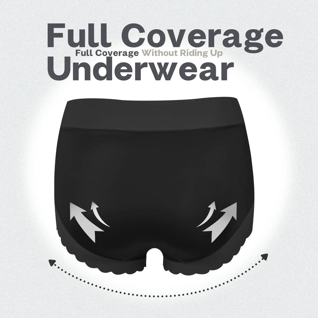 A black pair of full coverage satin underwear with arrows indicating lift and support.