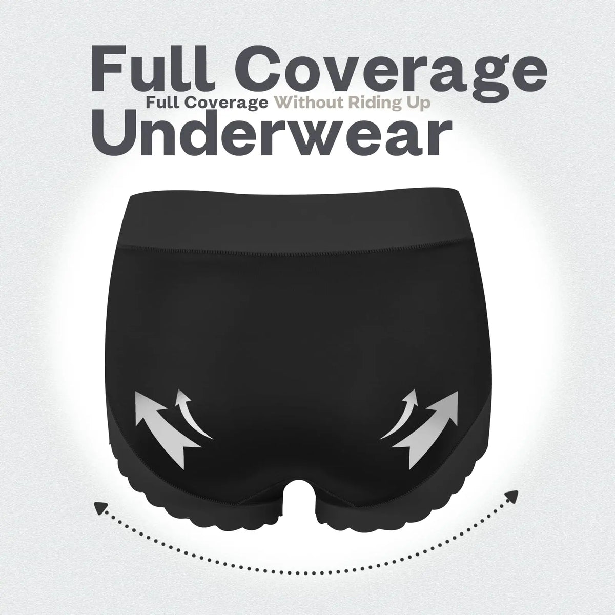 A black pair of full coverage satin underwear with arrows indicating lift and support.