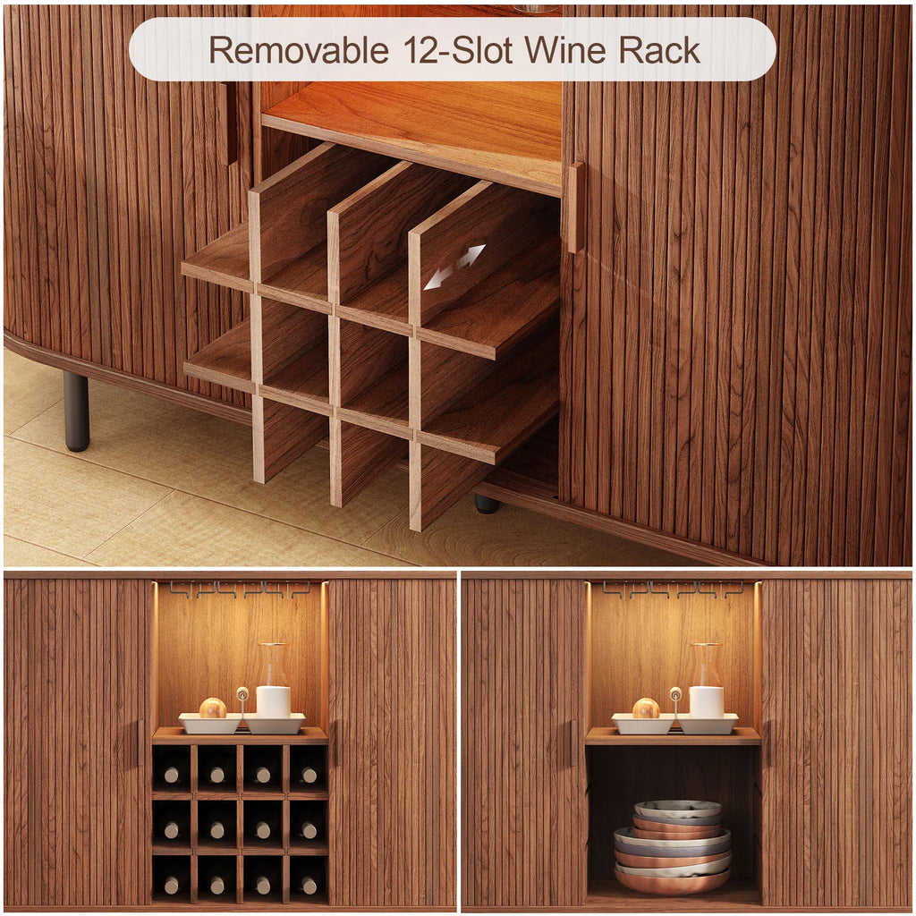 Demonstration of the removable wine rack and alternative interior storage configurations for the cabinet.