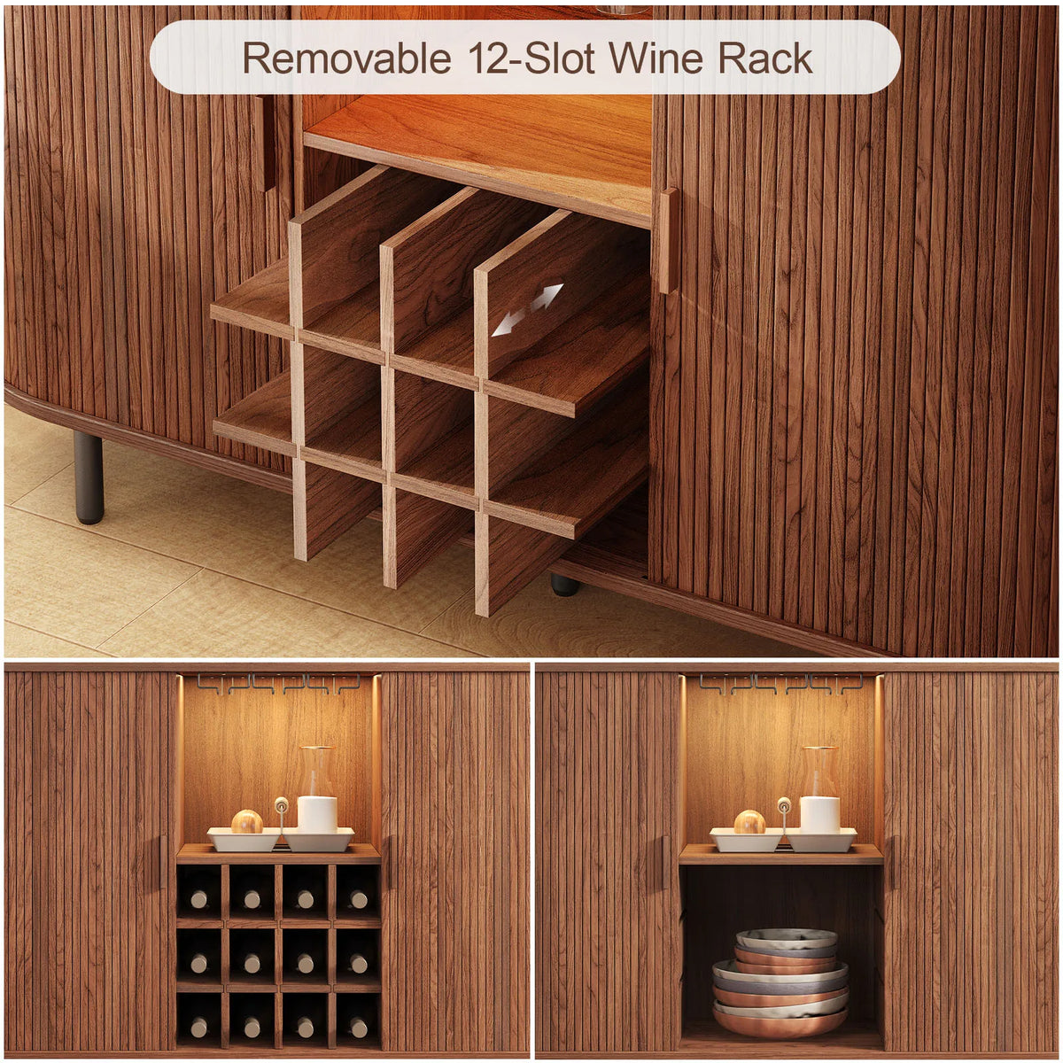 Demonstration of the removable wine rack and alternative interior storage configurations for the cabinet.