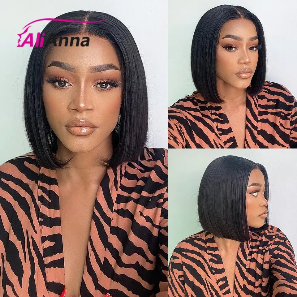 Woman modeling a short straight black bob wig with a center part