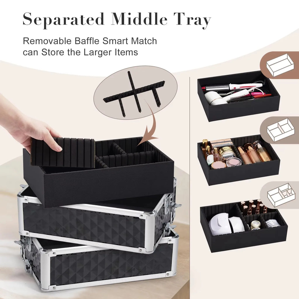 Detailed view of the removable baffles inside the modular tray of a makeup trolley case