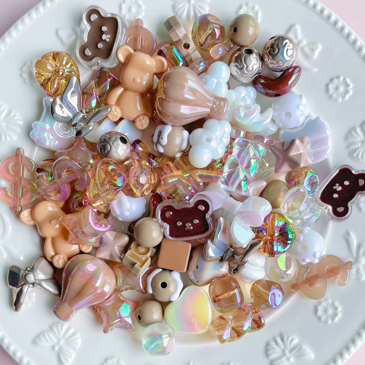 20g Y2K Acrylic Mixed Bowknot, Flower, and Heart Beads for DIY Jewelry – B Coffee