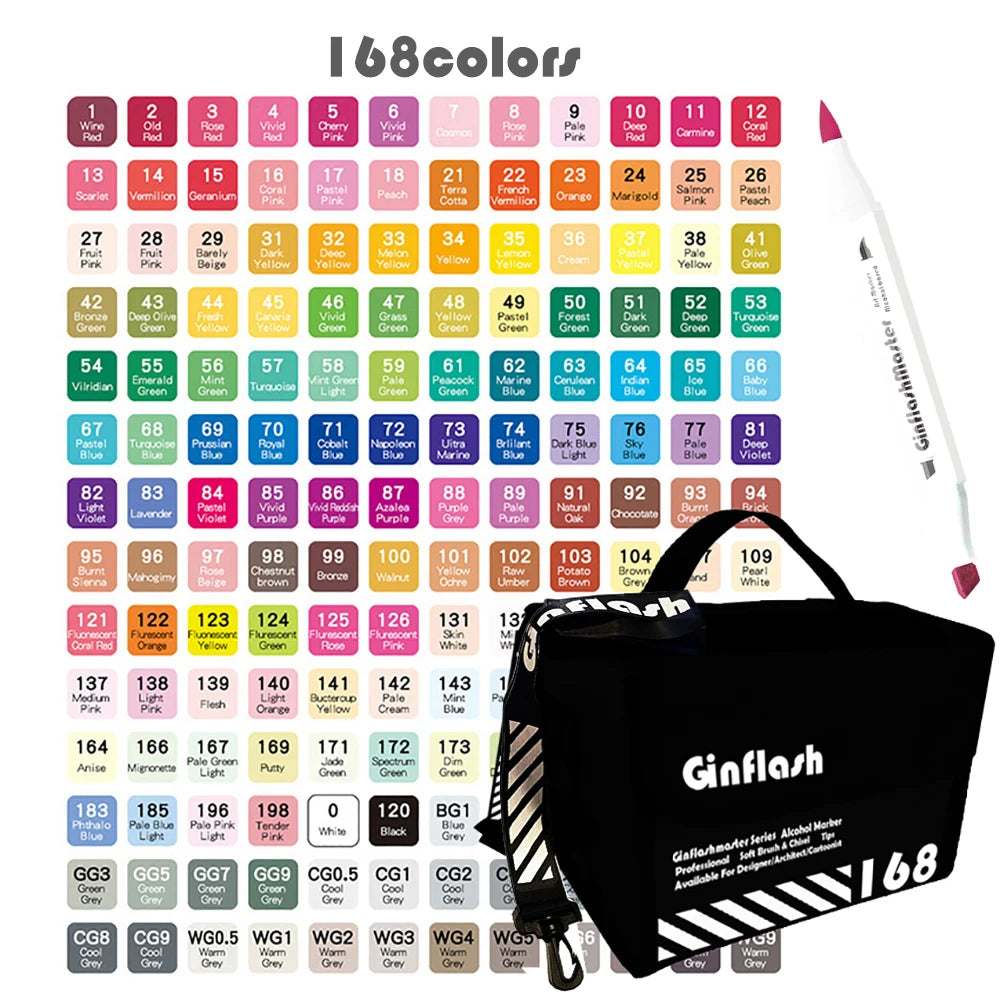 Ginflash Dual Head Alcohol-Based Art Markers - Brush & Chisel Tip – 168colors set