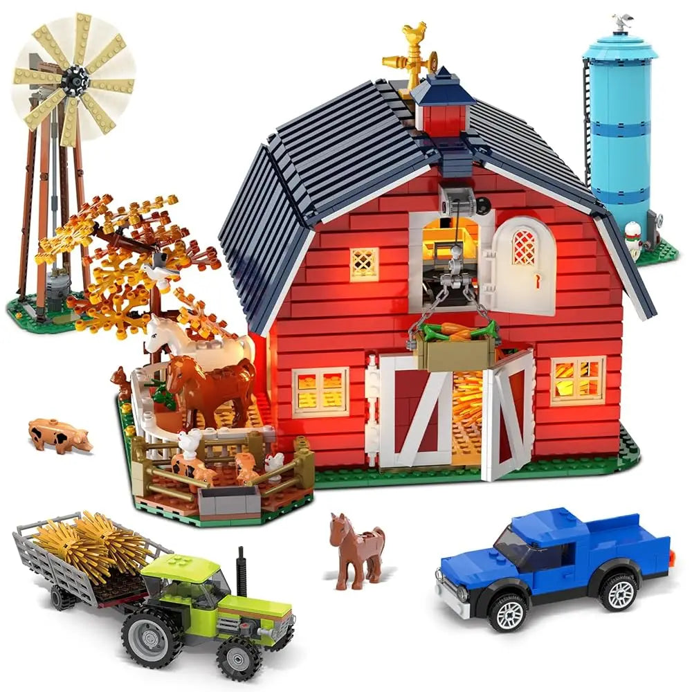Complete farm barn building block set with a red barn, windmill, silo, tractor, truck, and animal figures