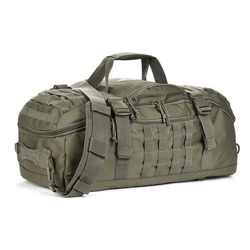 Green tactical duffel bag with MOLLE webbing and shoulder strap
