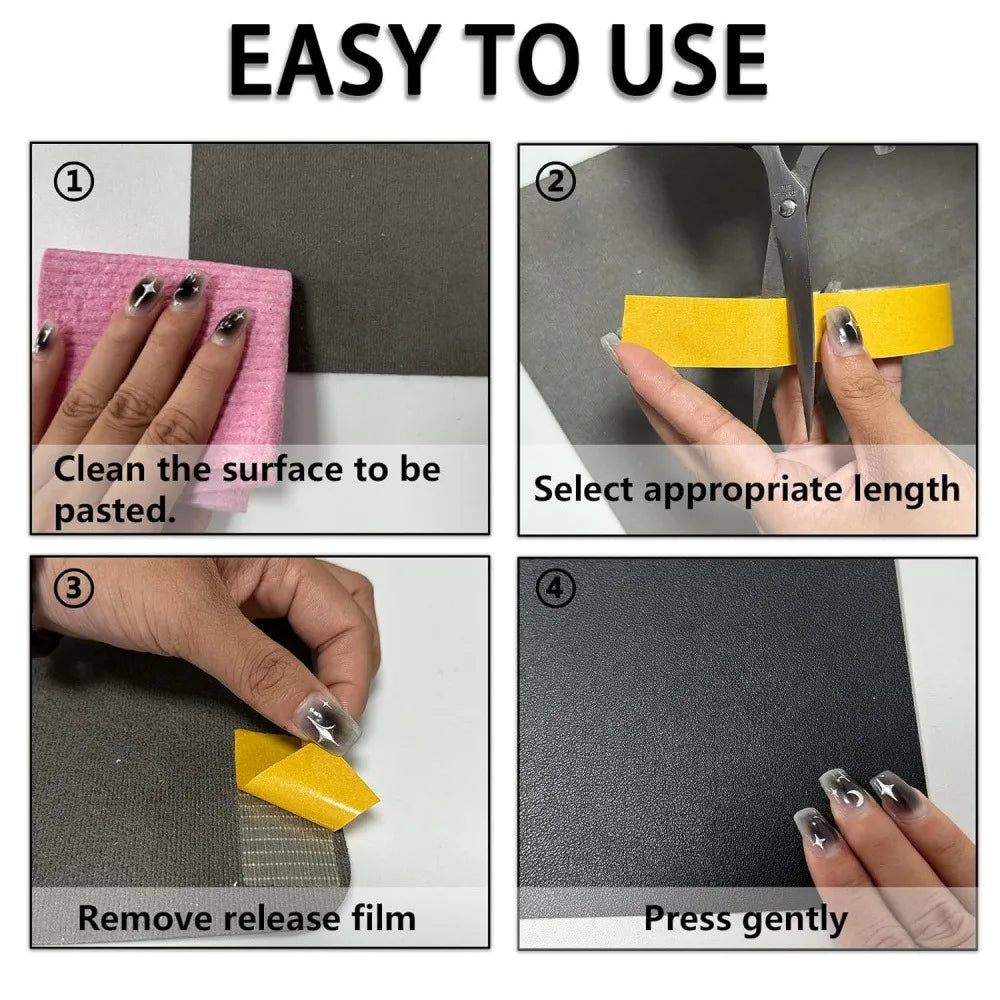 Instructional guide in four steps on how to use double-sided mesh adhesive tape.