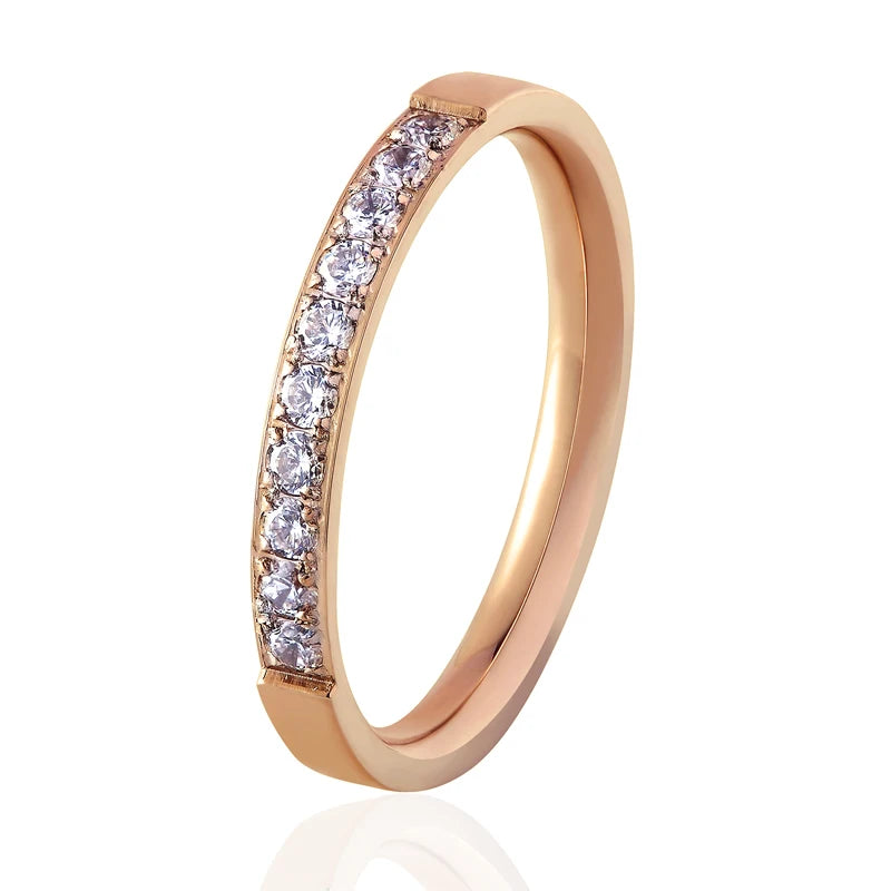 Crystal Wedding Band Ring - Stainless Steel - Sizes 5-12 – Rose gold color