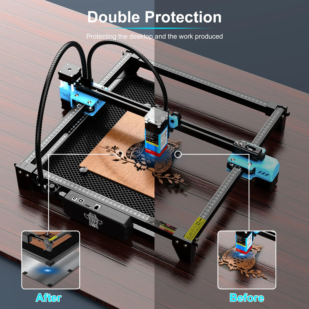 Split screen image illustrating the double protection of a laser work bed for desktops