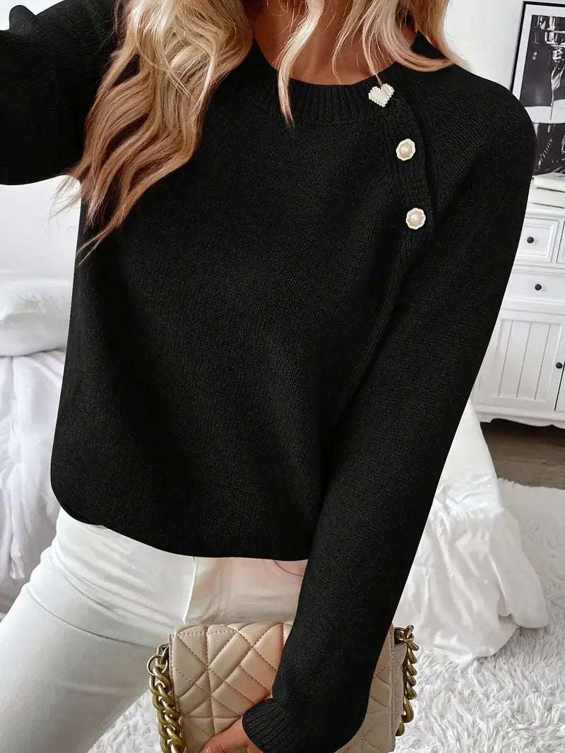 Women's Asymmetrical Gold Button Crew Neck Knit Sweater – Black