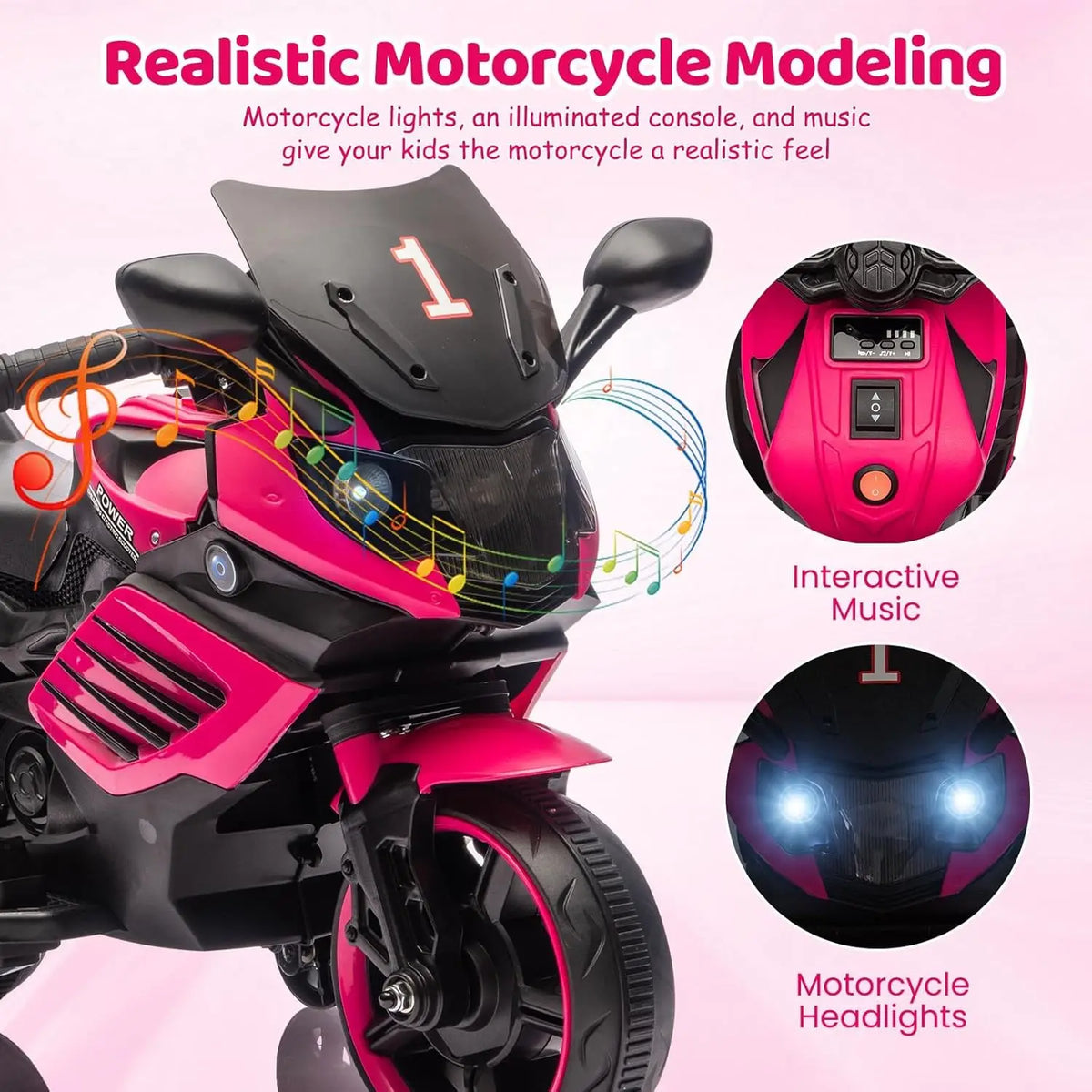 Pink and black electric ride-on motorcycle showing headlight and musical console features
