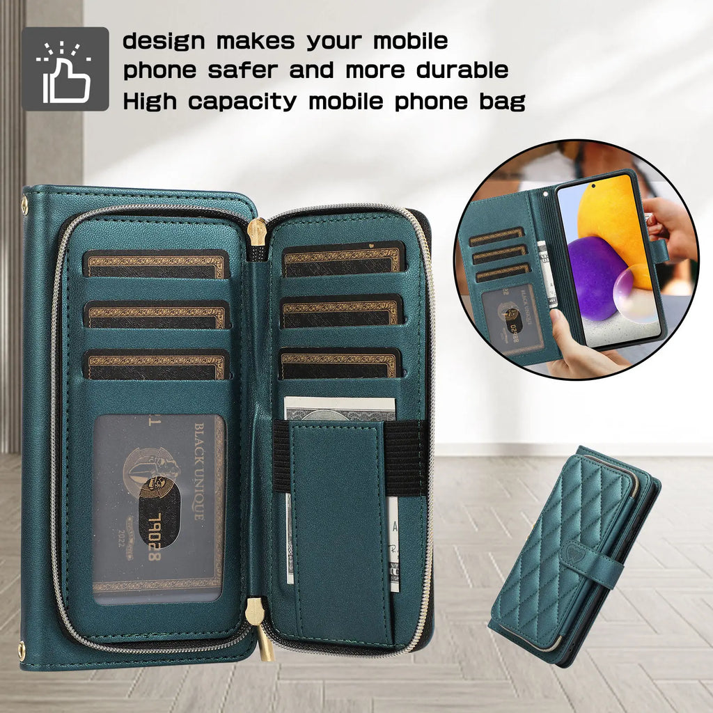 Open green wallet phone case showing credit card slots and cash pocket.