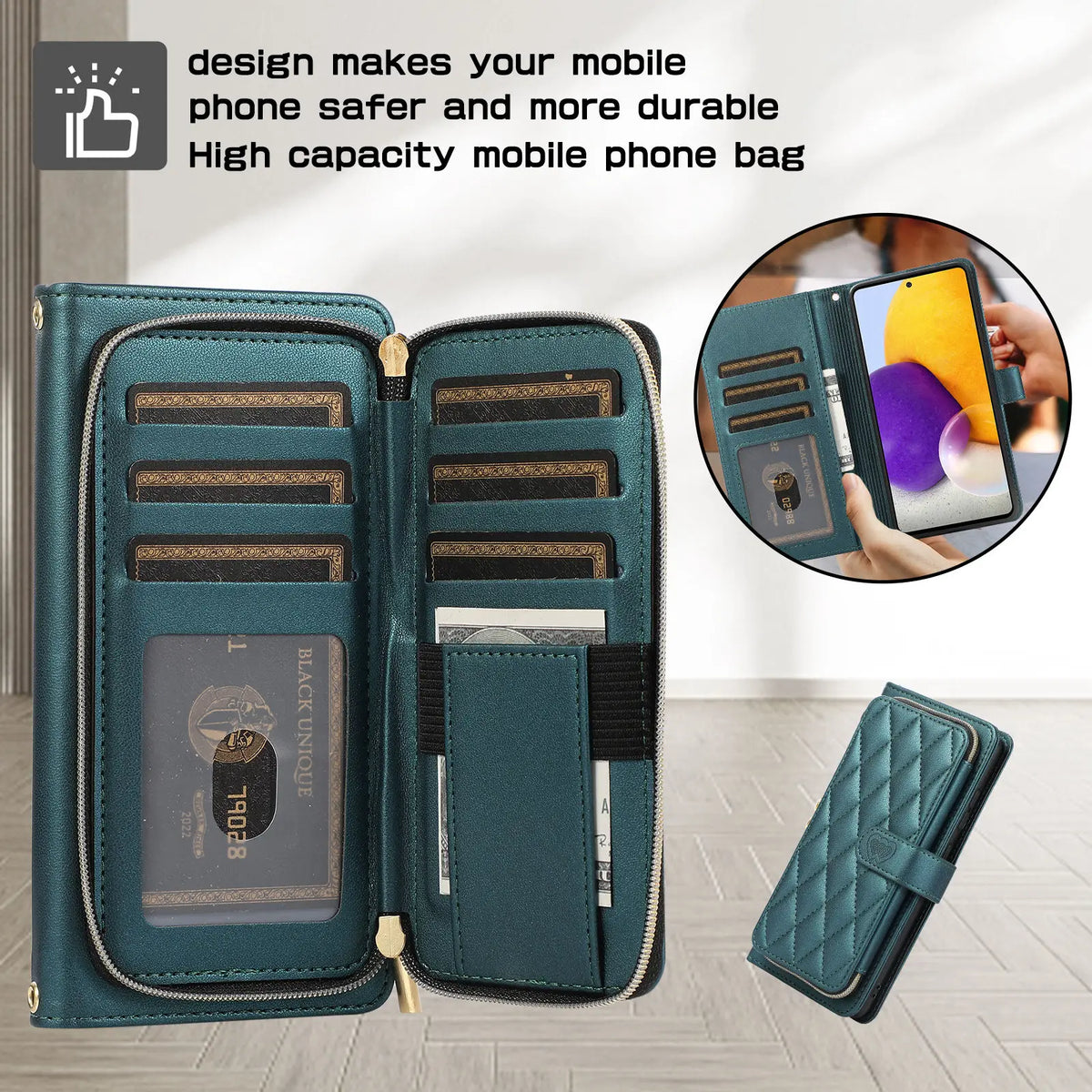 Open green wallet phone case showing credit card slots and cash pocket.